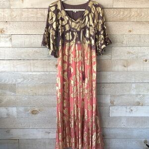 Debbie Katz South Beach Gold Metallic and Pink Paisley Tiered Dress